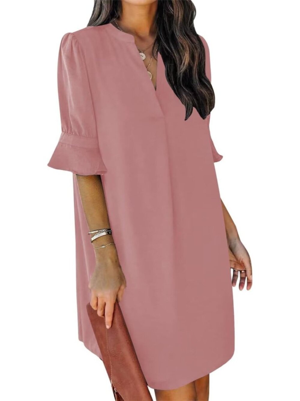 Women's Dusty Pink Dresses V Neck Short Sleeve Solid Casual Shift Mini Dress